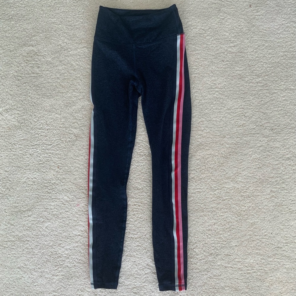 Spiritual Gangster navy blue leggings with pink red and white stripes